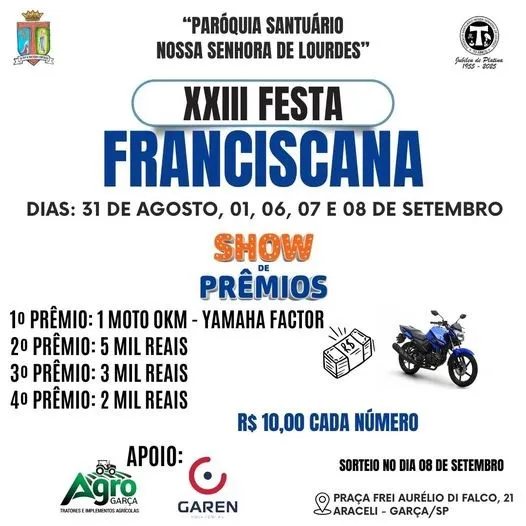 Festa Franciscana é anunciada em Garça no final de agosto e nos dois primeiros finais de semana de setembro
