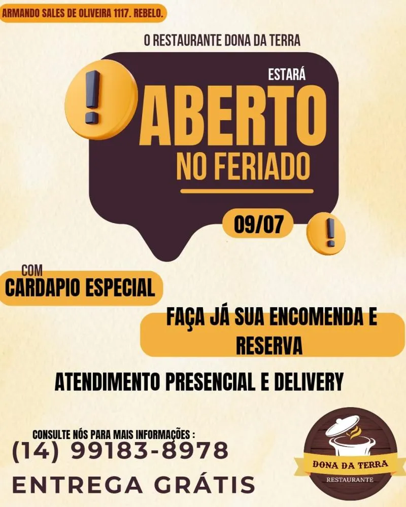 Restaurante Dona da Terra informa que estará aberto no feriado desta terça