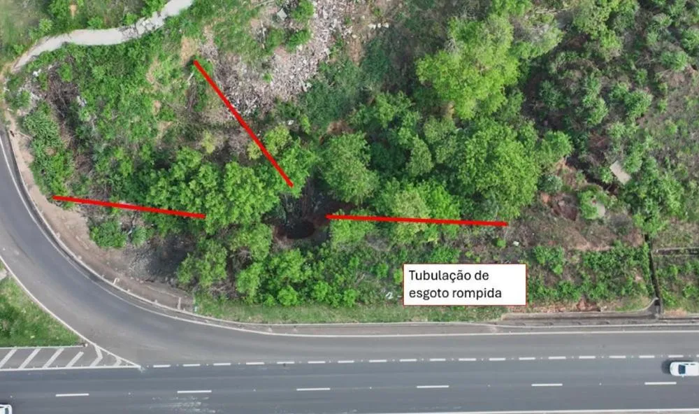 Eixo denuncia vazamento de esgoto e risco de erosão ao lado da SP-294